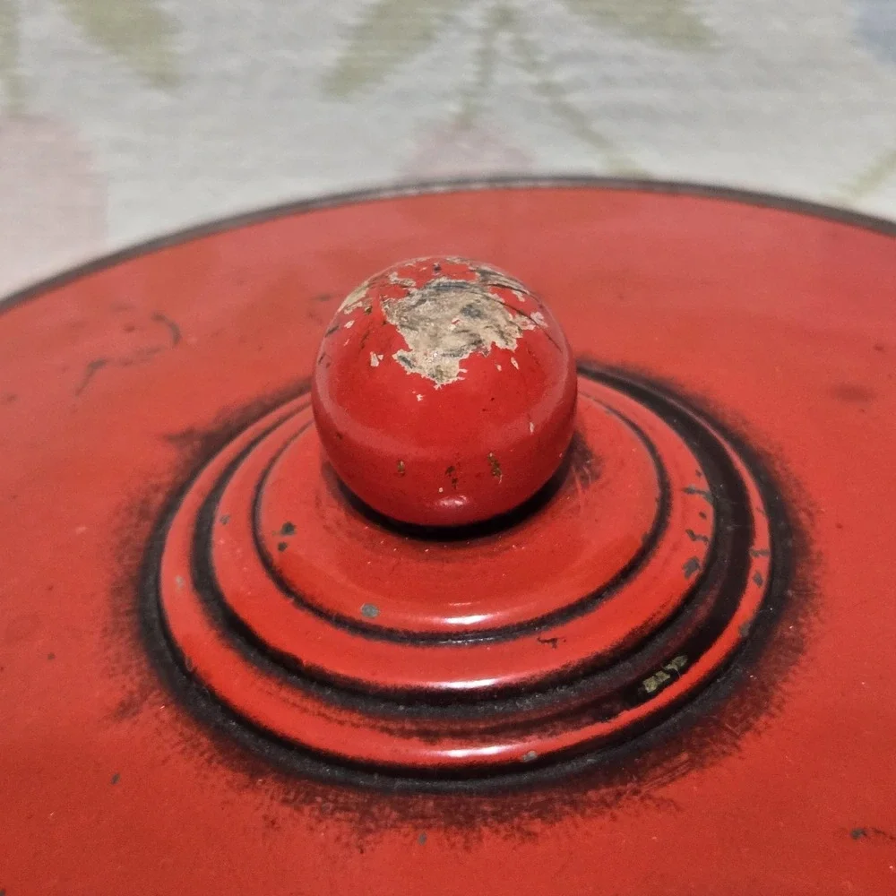 Red Round Vintage Sewing Metal Tin Knob Lidded Box Midcentury Notions Storage